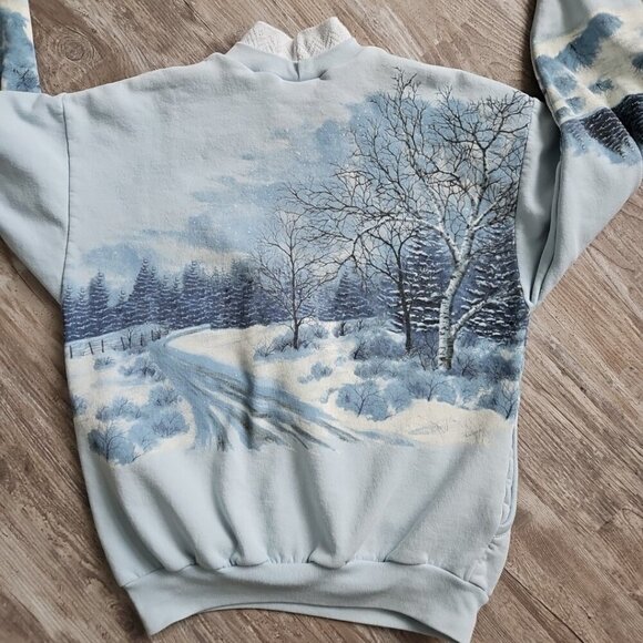 Vtg 80s 90s All Over Print Winter Wonderland Nature Sweatshirt Art Graphic XL - Picture 8 of 14